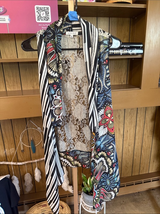Adore Jackets & Blazers - Adore Black Duster Vest with Multicolor Floral & Stripes